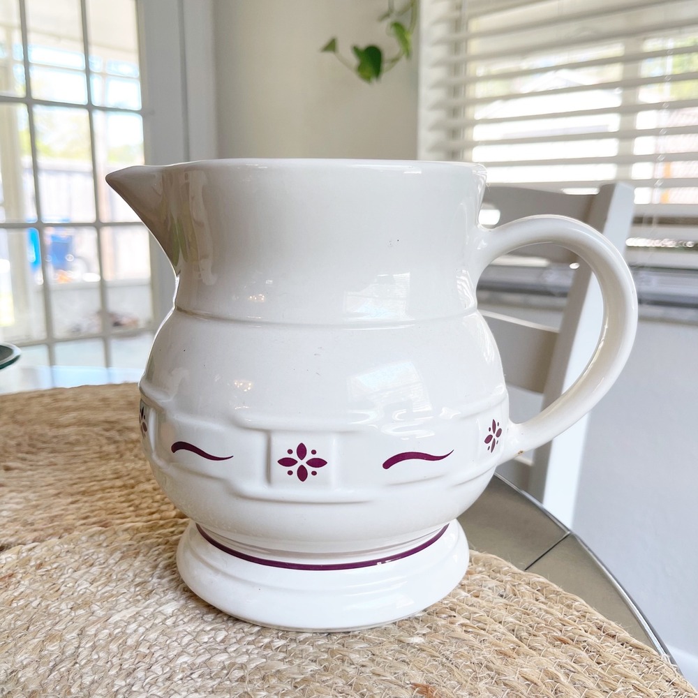 Longaberger‎ Vintage White Ceramic Pitcher Burgundy Floral